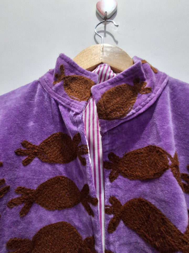 Handcrafted  Purple Velvet Floral & Pod Suzani Embroidered Jacket