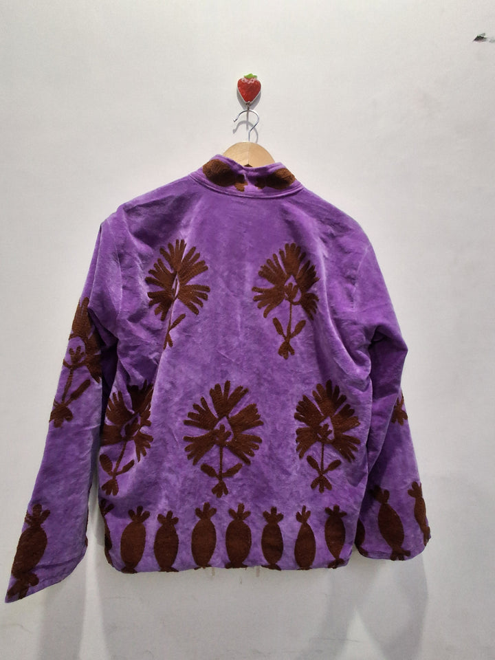Handcrafted  Purple Velvet Floral & Pod Suzani Embroidered Jacket