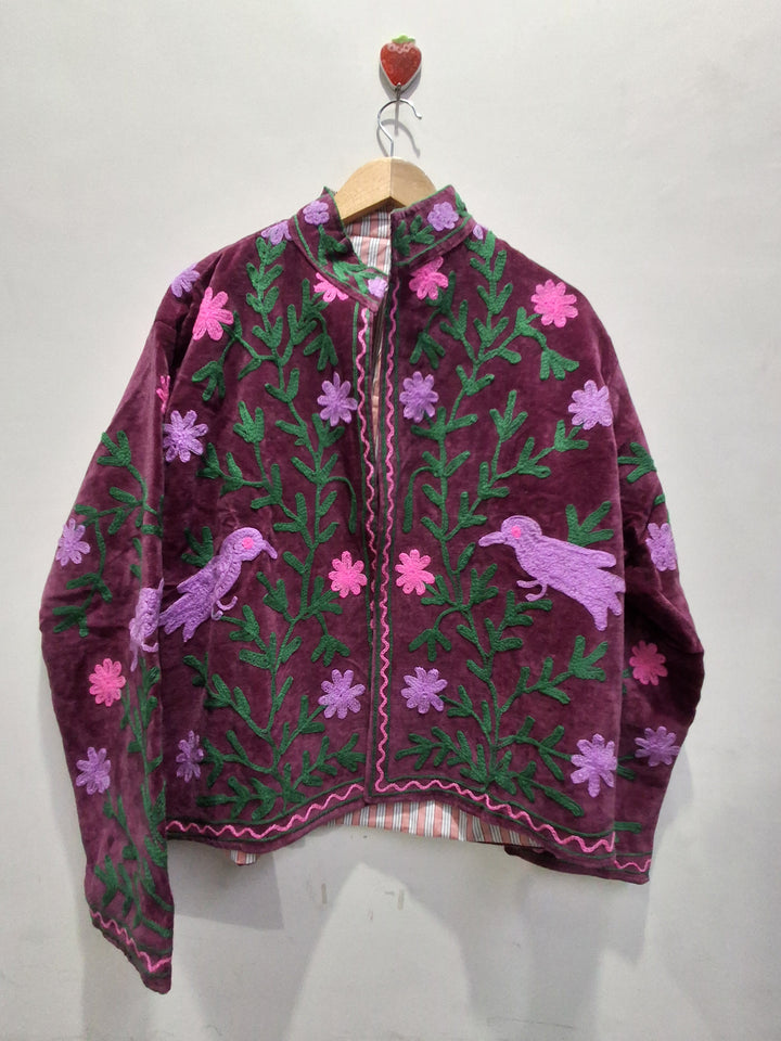 Maroon Velvet Floral Embroidery Boho Jacket