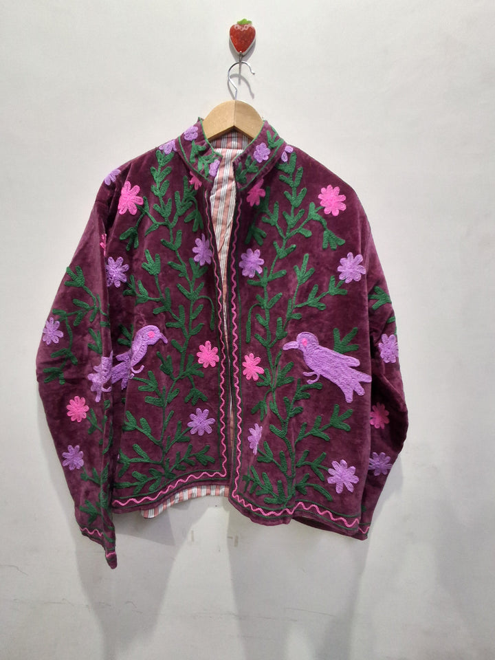 Maroon Velvet Floral Embroidery Boho Jacket