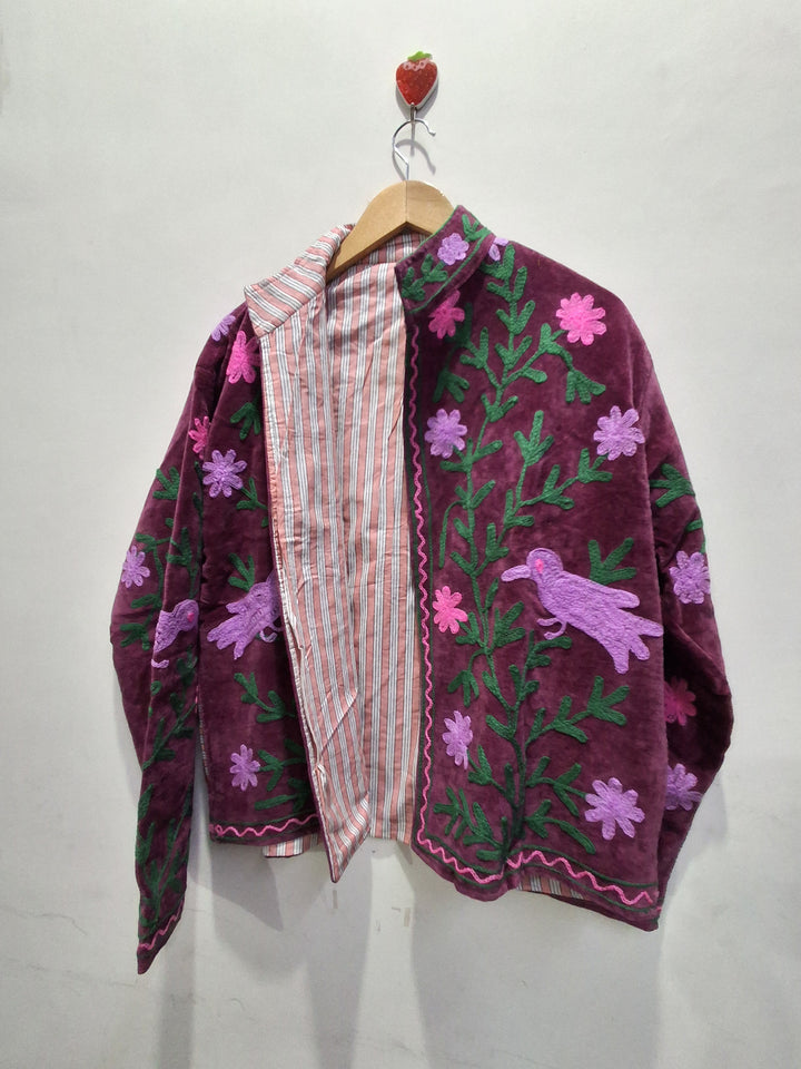 Maroon Velvet Floral Embroidery Boho Jacket