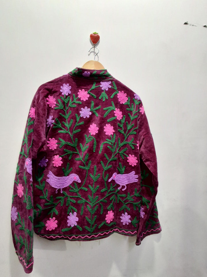 Maroon Velvet Floral Embroidery Boho Jacket