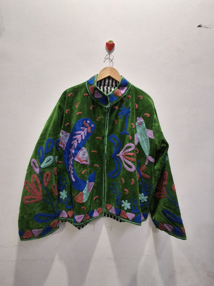 Green Velvet Embroidered Bird & Floral Boho Jacket