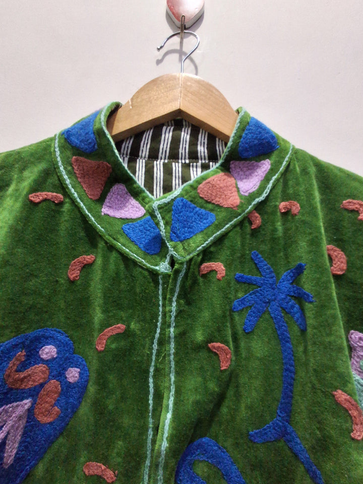 Green Velvet Embroidered Bird & Floral Boho Jacket