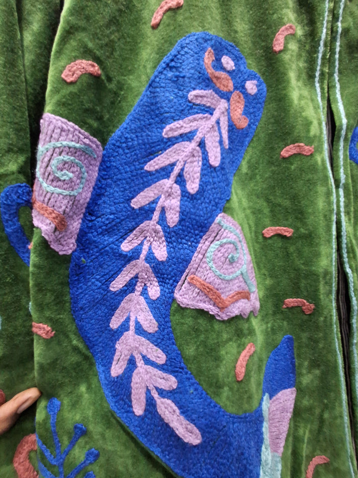 Green Velvet Embroidered Bird & Floral Boho Jacket