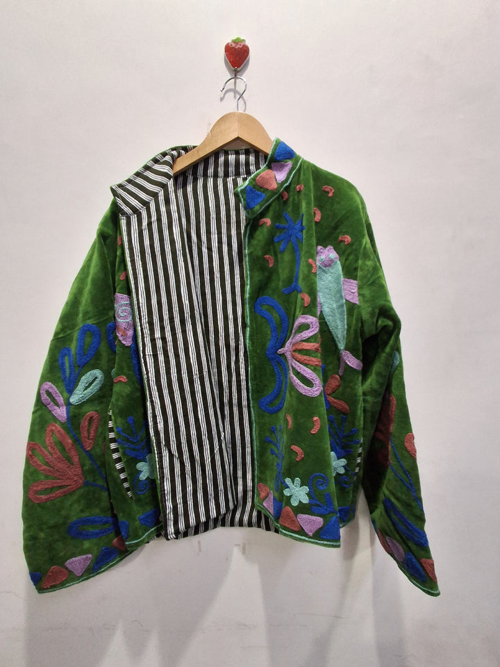 Green Velvet Embroidered Bird & Floral Boho Jacket