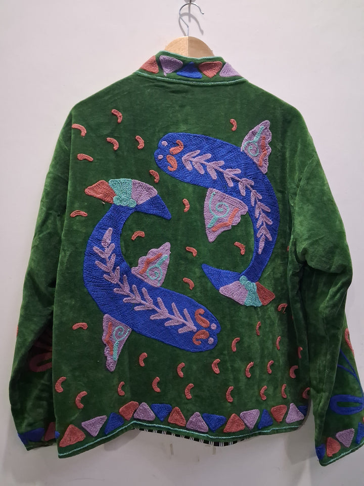 Green Velvet Embroidered Bird & Floral Boho Jacket