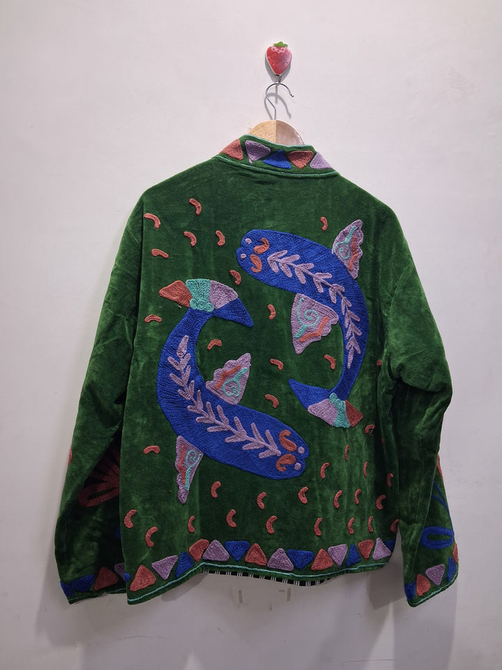 Green Velvet Embroidered Bird & Floral Boho Jacket