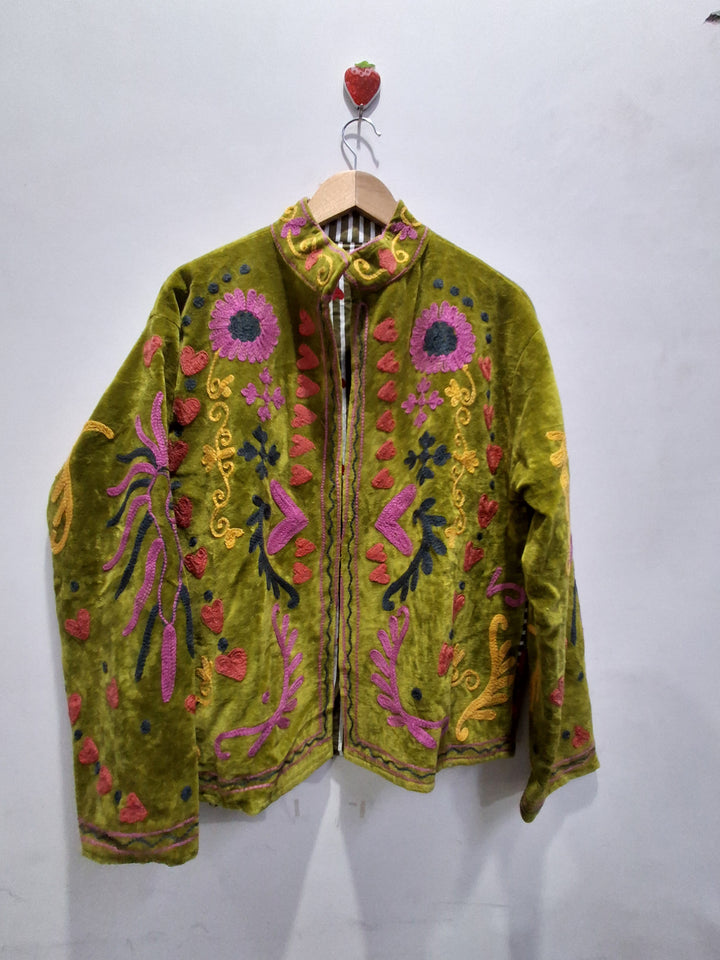 Hand Embroidered Olive Green Velvet Suzani Jacket