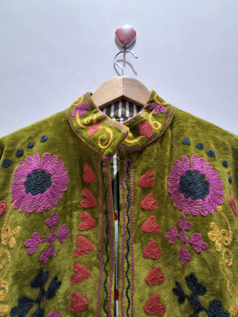 Hand Embroidered Olive Green Velvet Suzani Jacket