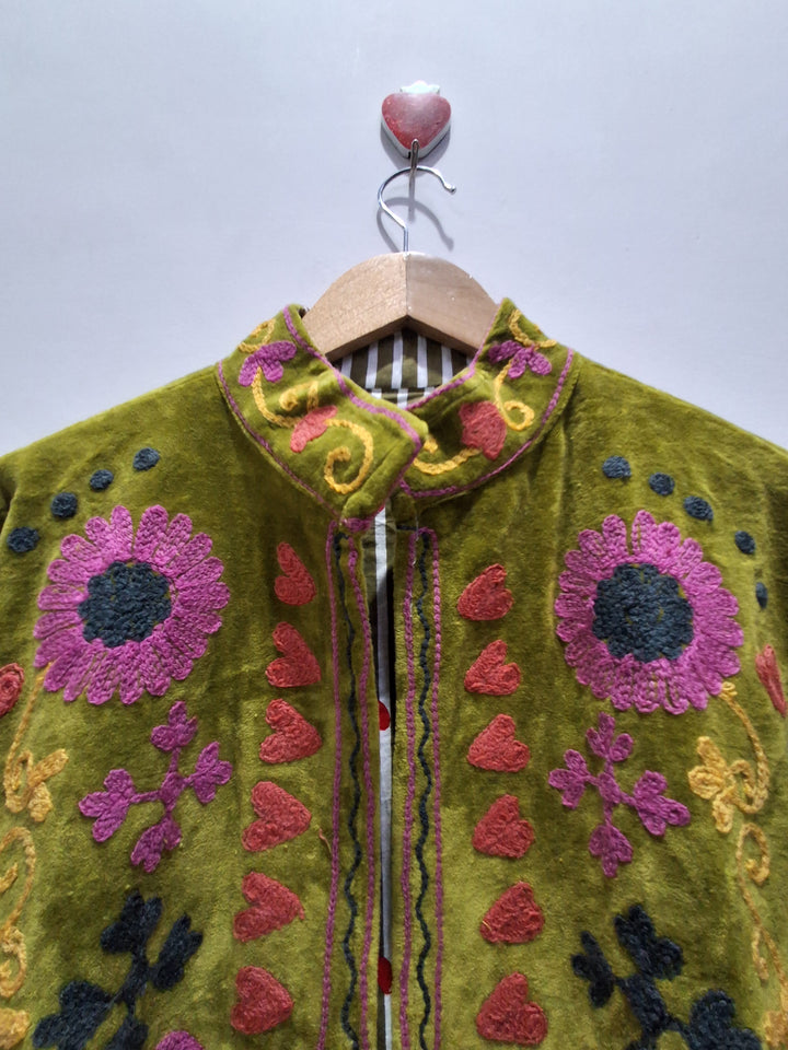 Hand Embroidered Olive Green Velvet Suzani Jacket