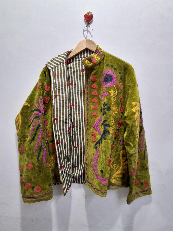 Hand Embroidered Olive Green Velvet Suzani Jacket