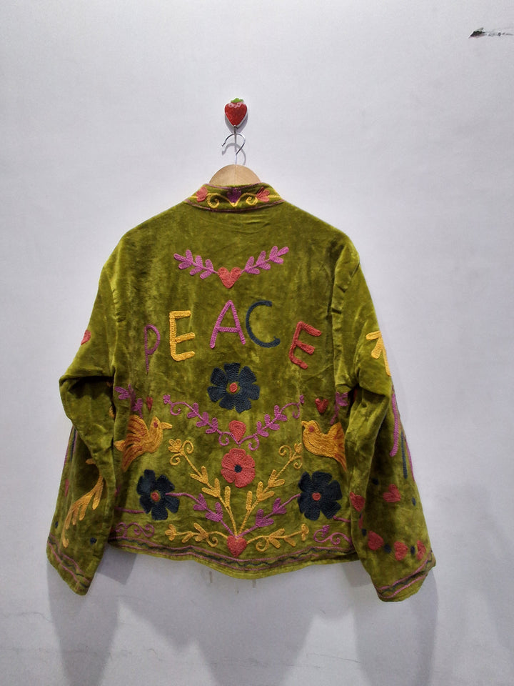 Hand Embroidered Olive Green Velvet Suzani Jacket