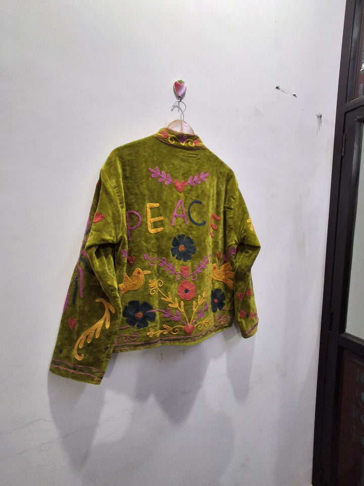 Hand Embroidered Olive Green Velvet Suzani Jacket