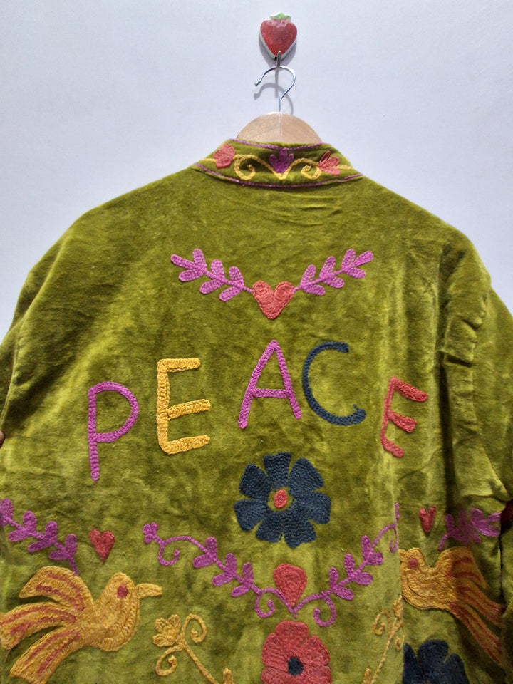 Hand Embroidered Olive Green Velvet Suzani Jacket