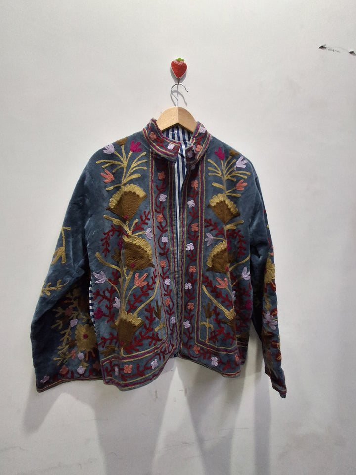 Hand Embroidered Slate Blue Velvet Suzani Jacket | Vintage Boho Floral Coat