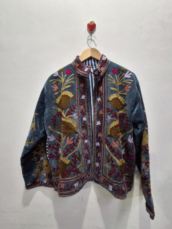 Hand Embroidered Slate Blue Velvet Suzani Jacket | Vintage Boho Floral Coat