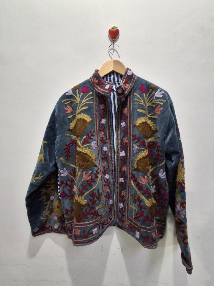 Hand Embroidered Slate Blue Velvet Suzani Jacket | Vintage Boho Floral Coat