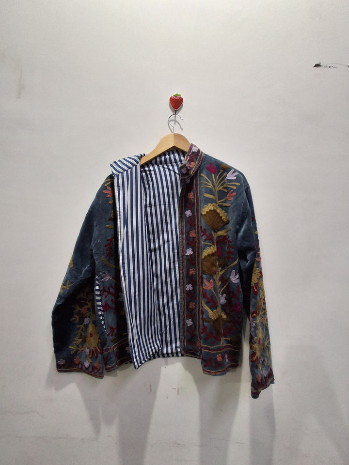 Hand Embroidered Slate Blue Velvet Suzani Jacket | Vintage Boho Floral Coat