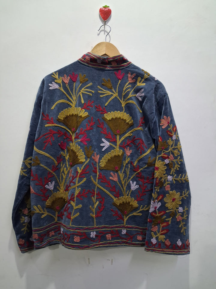 Hand Embroidered Slate Blue Velvet Suzani Jacket | Vintage Boho Floral Coat