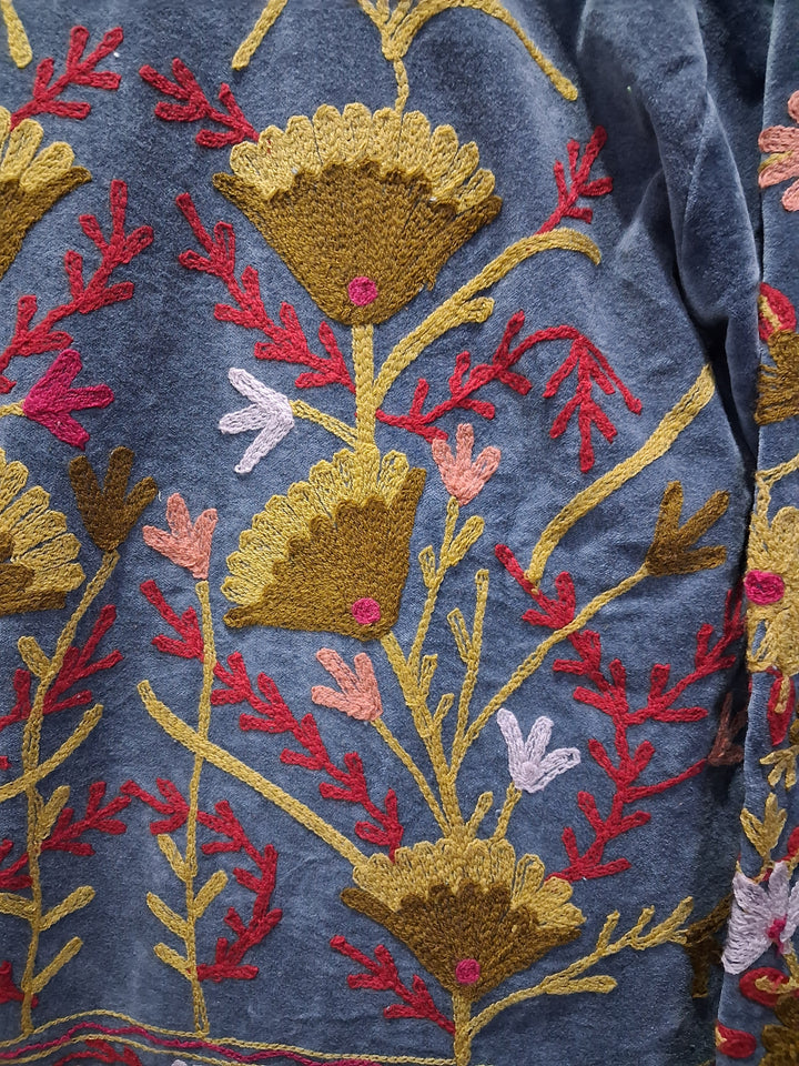 Hand Embroidered Slate Blue Velvet Suzani Jacket | Vintage Boho Floral Coat