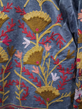 Hand Embroidered Slate Blue Velvet Suzani Jacket | Vintage Boho Floral Coat
