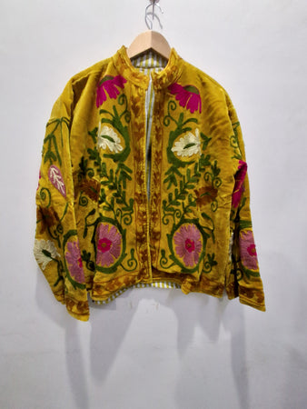 Hand Embroidered Mustard Yellow Velvet Suzani Jacket