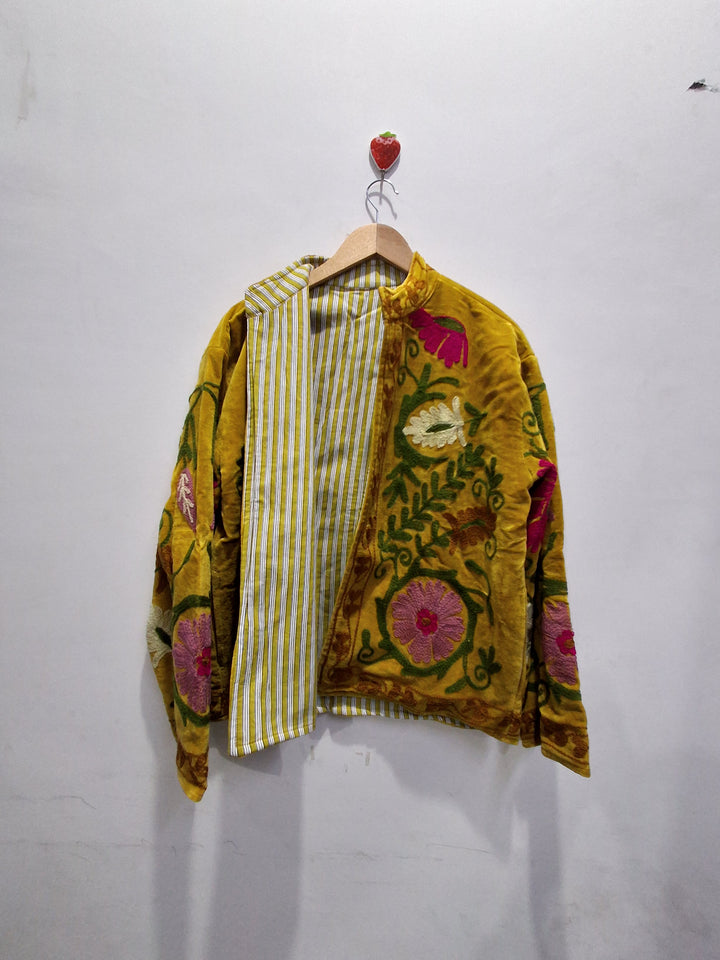 Hand Embroidered Mustard Yellow Velvet Suzani Jacket