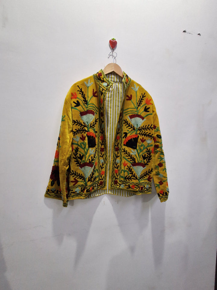 Hand Embroidered Mustard Yellow Velvet Suzani Jacket