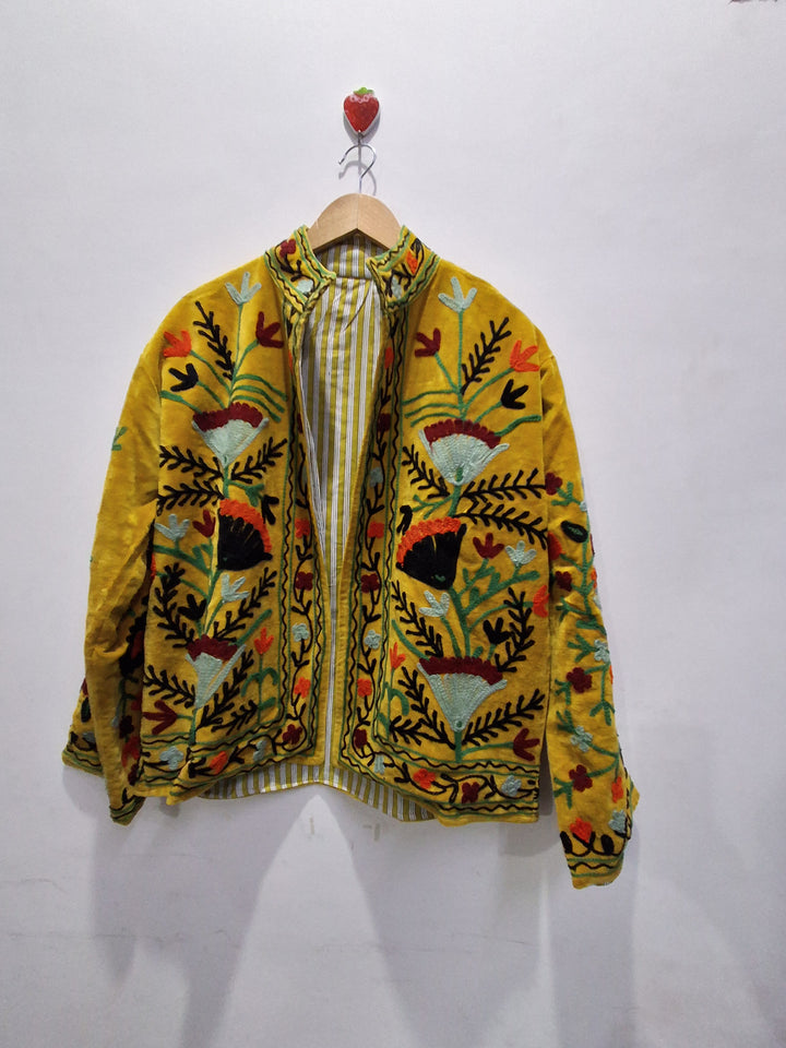 Hand Embroidered Mustard Yellow Velvet Suzani Jacket