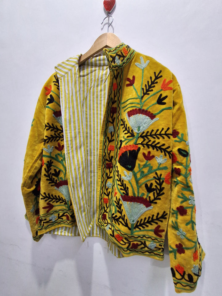 Hand Embroidered Mustard Yellow Velvet Suzani Jacket