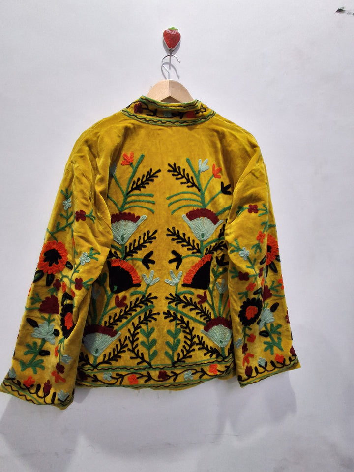 Hand Embroidered Mustard Yellow Velvet Suzani Jacket