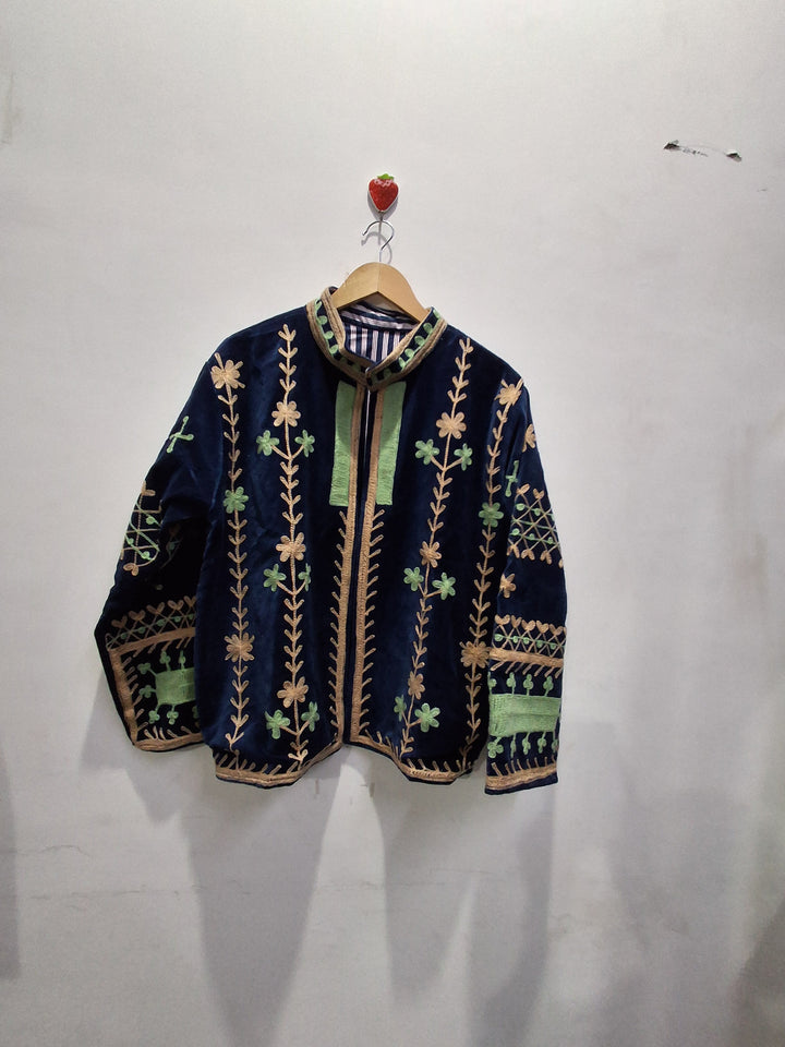 Navy Blue Velvet Folk Art Embroidered Jacket