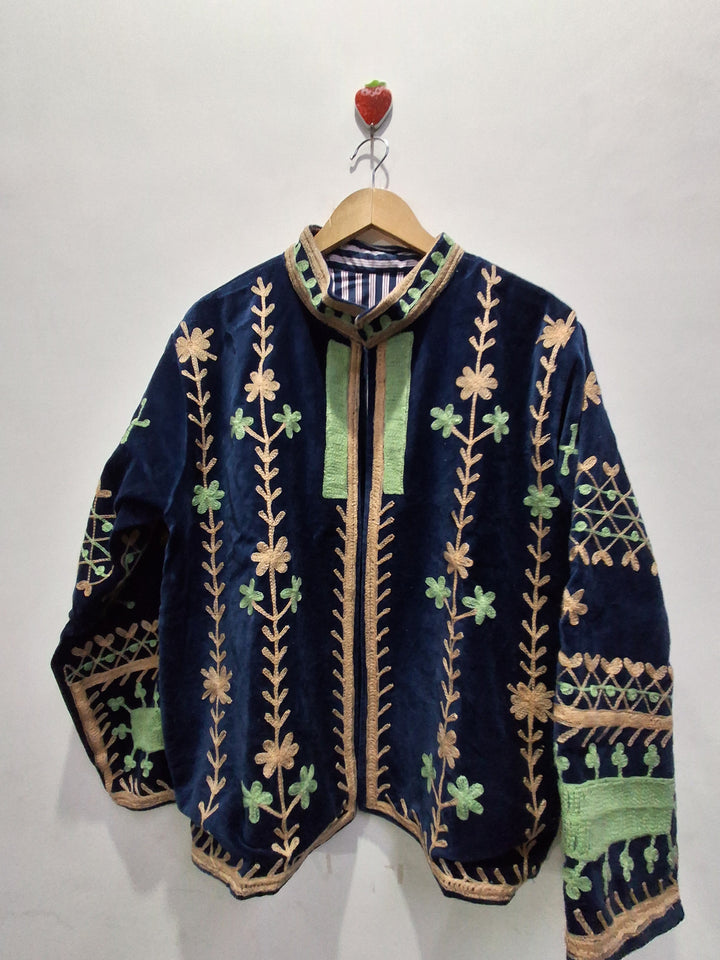 Navy Blue Velvet Folk Art Embroidered Jacket