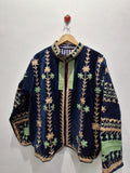 Navy Blue Velvet Folk Art Embroidered Jacket