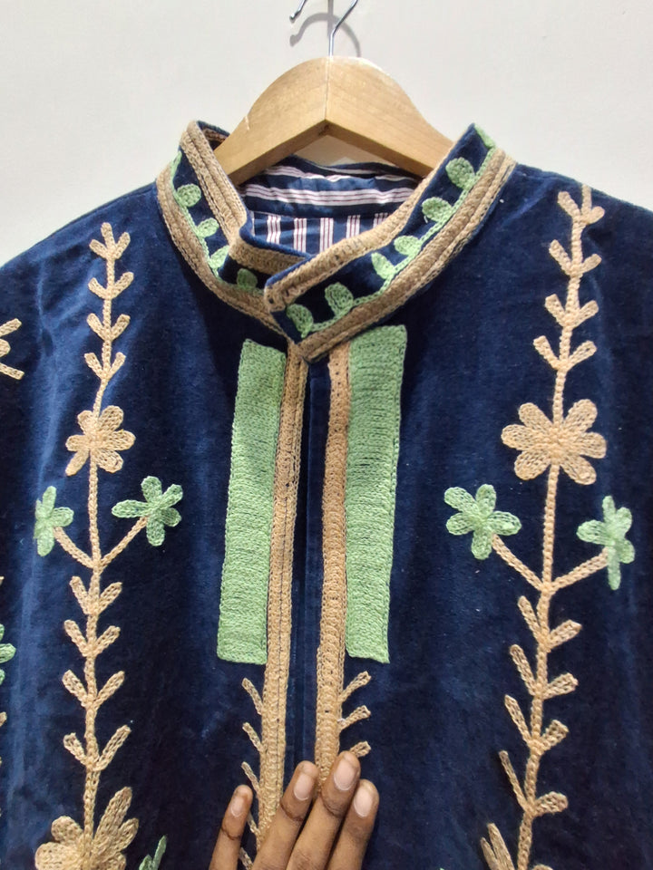 Navy Blue Velvet Folk Art Embroidered Jacket