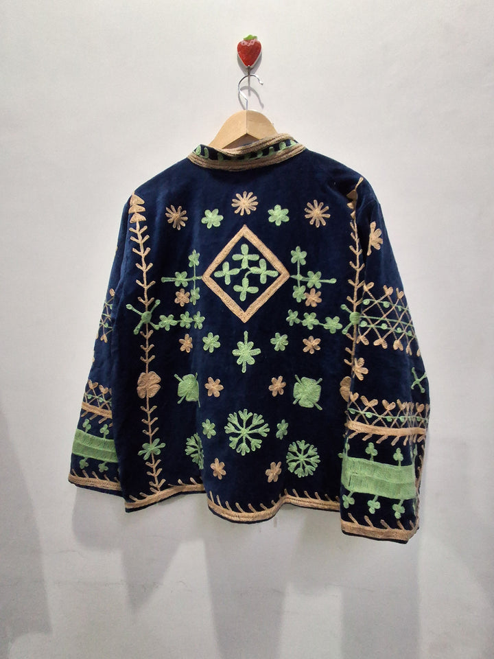 Navy Blue Velvet Folk Art Embroidered Jacket