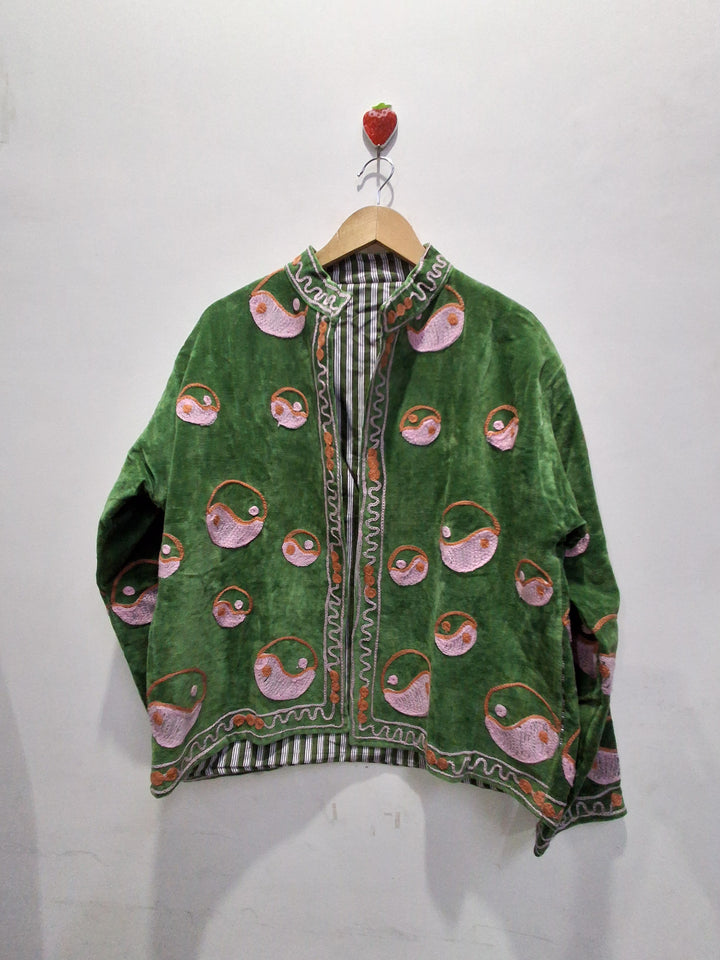 Green Velvet Handmade Jacket with Embroidery