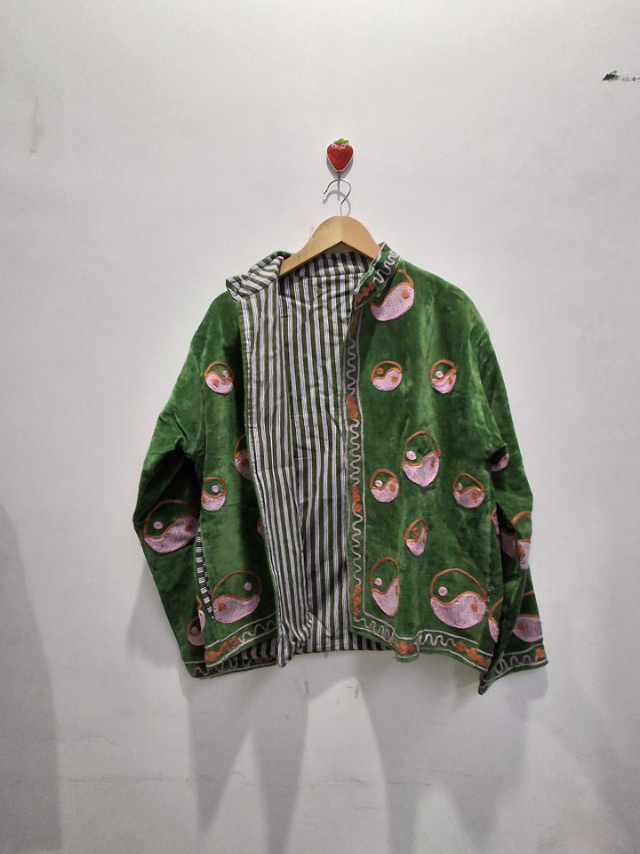 Green Velvet Handmade Jacket with Embroidery