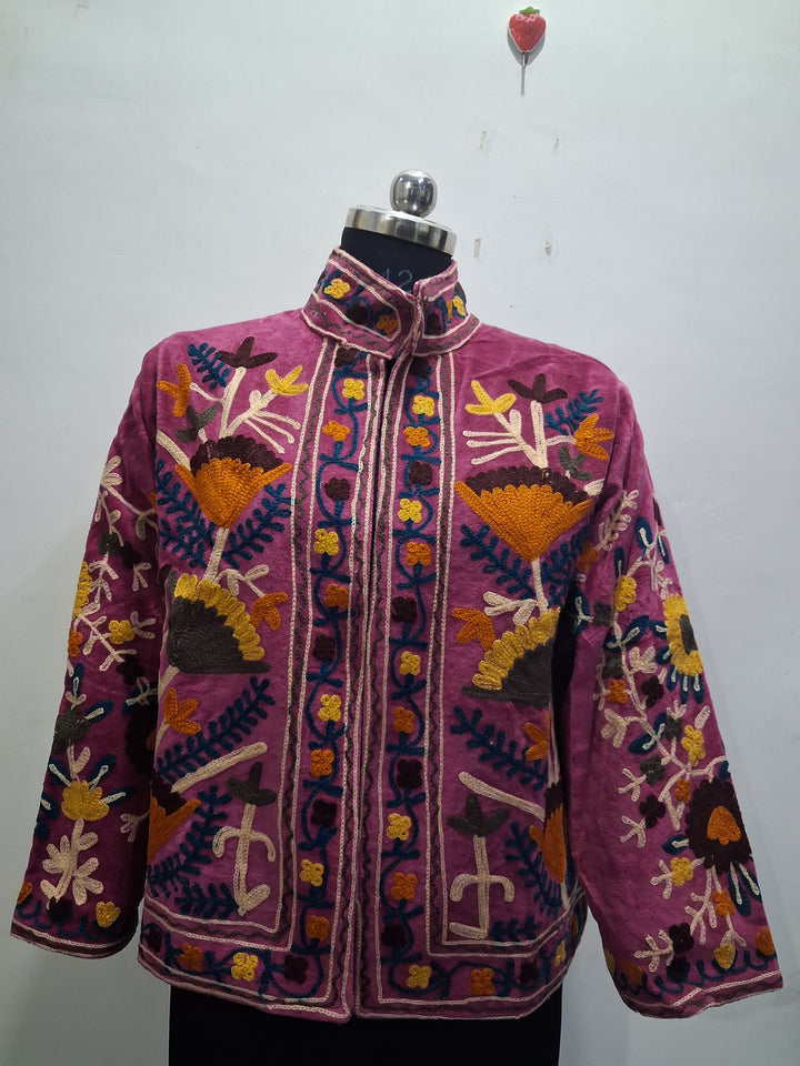 Vintage Pink Velvet Suzani Embroidered Handmade Jacket