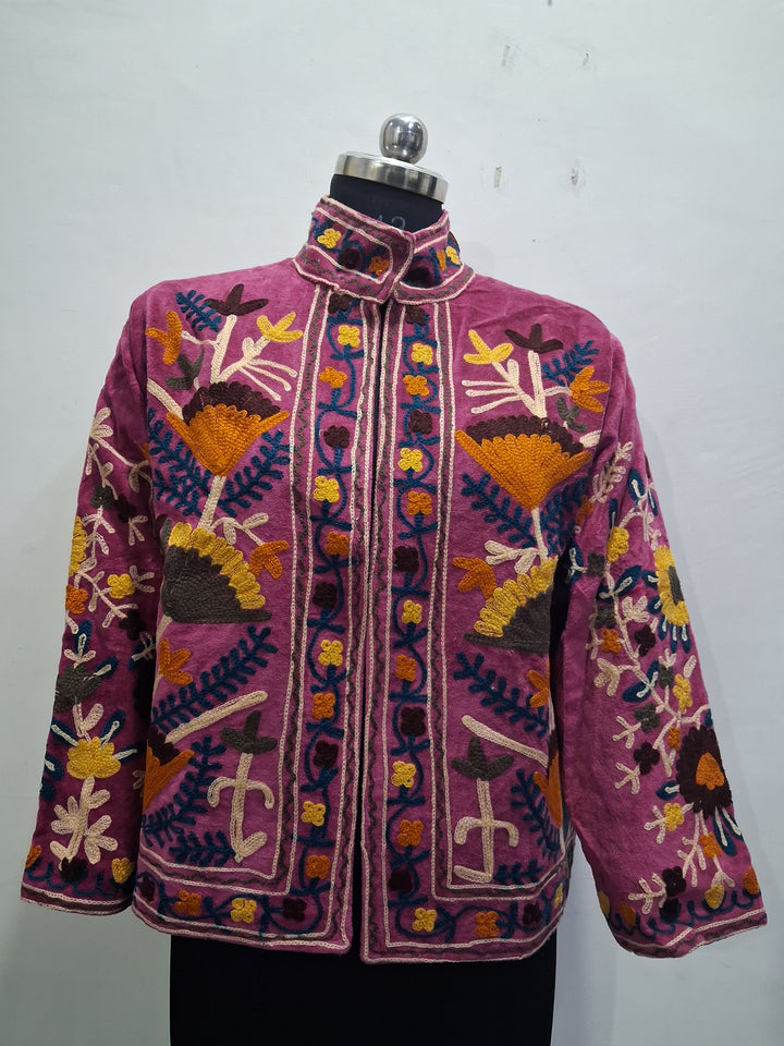 Vintage Pink Velvet Suzani Embroidered Handmade Jacket