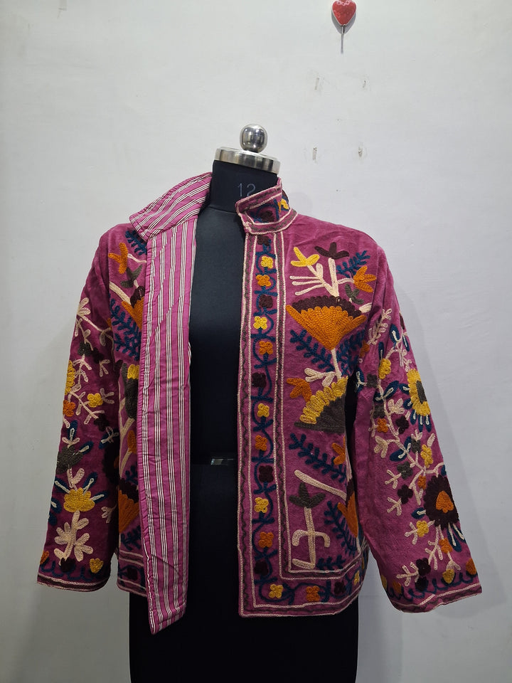 Vintage Pink Velvet Suzani Embroidered Handmade Jacket