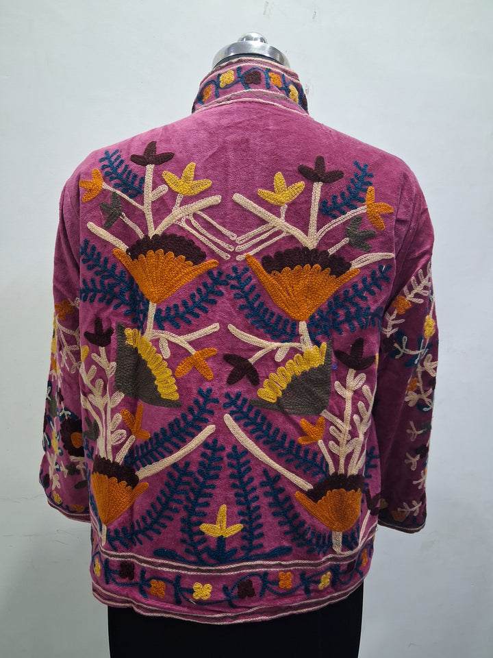Vintage Pink Velvet Suzani Embroidered Handmade Jacket