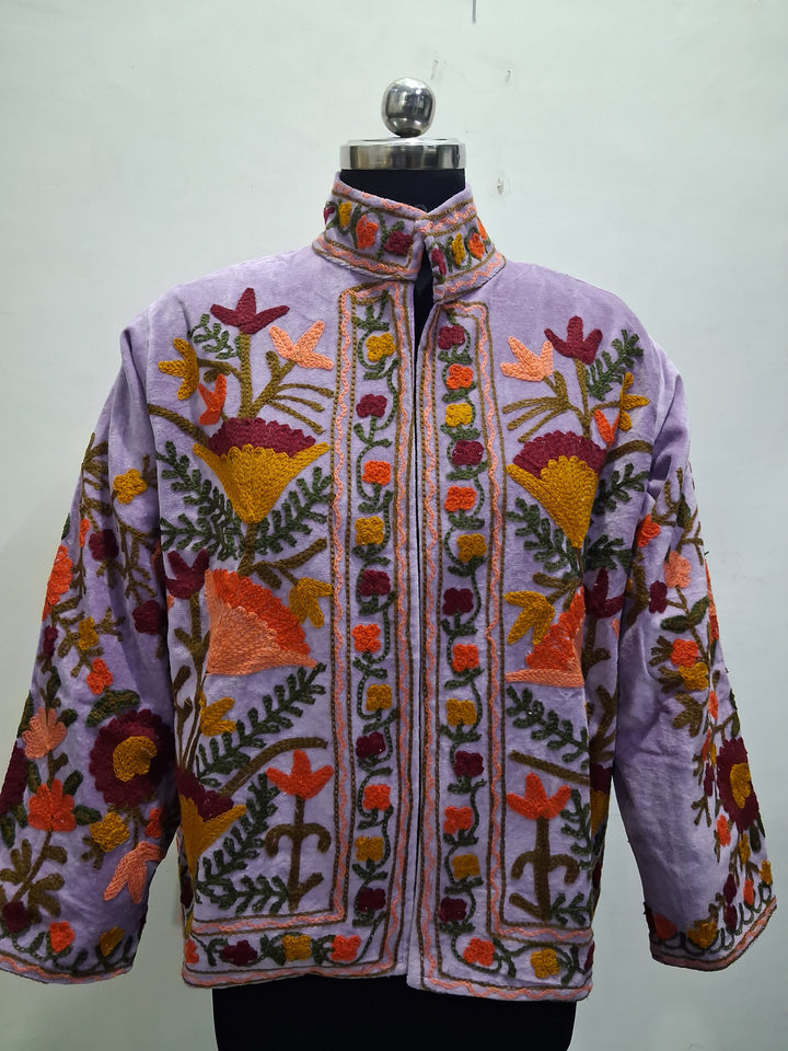 Vintage Lavender Velvet Suzani Embroidered Jacket