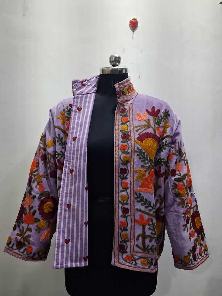 Vintage Lavender Velvet Suzani Embroidered Jacket