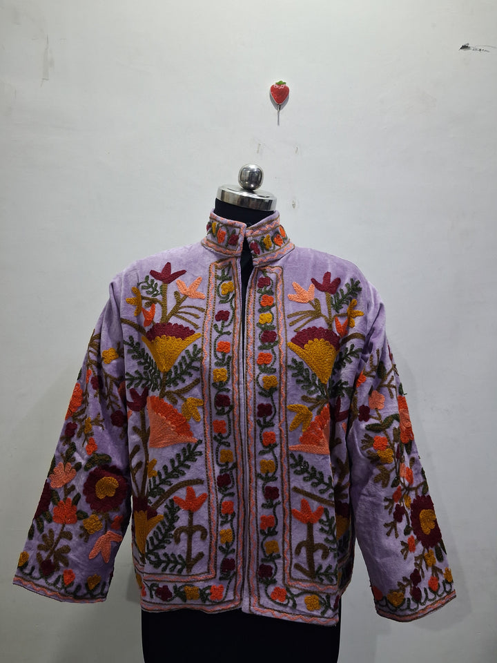 Vintage Lavender Velvet Suzani Embroidered Jacket