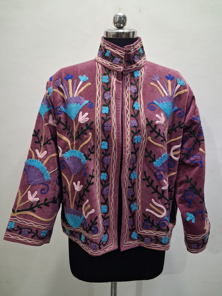 Hand-Embroidered Dusty Plum Velvet Stand-Collar Boho Jacket