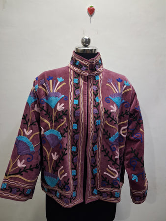 Hand-Embroidered Dusty Plum Velvet Stand-Collar Boho Jacket