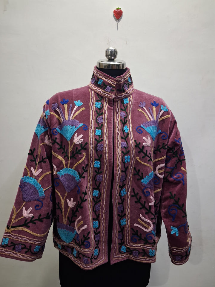 Hand-Embroidered Dusty Plum Velvet Stand-Collar Boho Jacket
