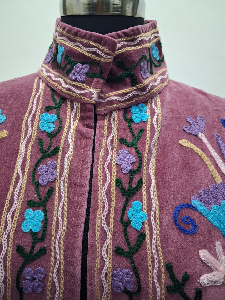 Hand-Embroidered Dusty Plum Velvet Stand-Collar Boho Jacket